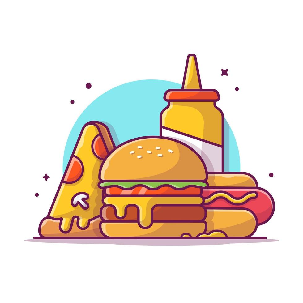 hamburguesa, perrito caliente, pizza y mostaza ilustración de icono de vector de dibujos animados concepto de icono de objeto de comida vector premium aislado. estilo de dibujos animados plana