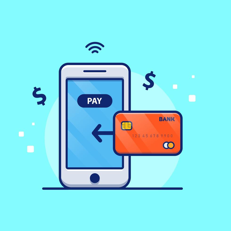 teléfono móvil con aplicación de pago e ilustración de icono de vector de dibujos animados de tarjeta bancaria. concepto de icono de tecnología financiera vector premium aislado. estilo de dibujos animados plana