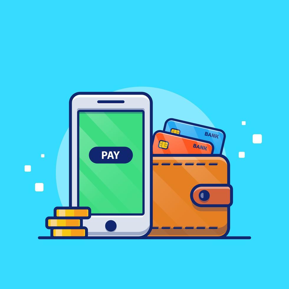 Hand Phone, wallet, Card, And Stack Of Gold Coin Cartoon Vector Icon  Illustration. Finance Technology Icon Concept Isolated Premium  Vector. Flat Cartoon Style