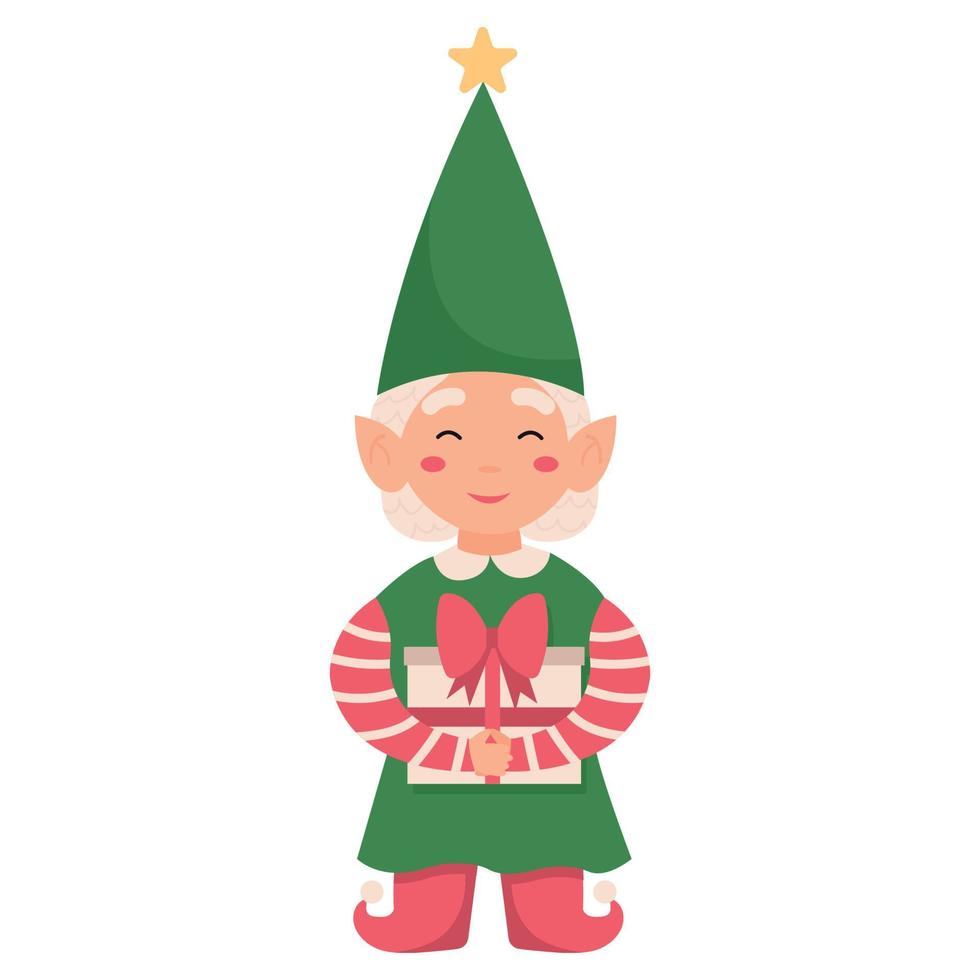 Funny Christmas gnome isolated on white background. Santa elf with a gift. vector