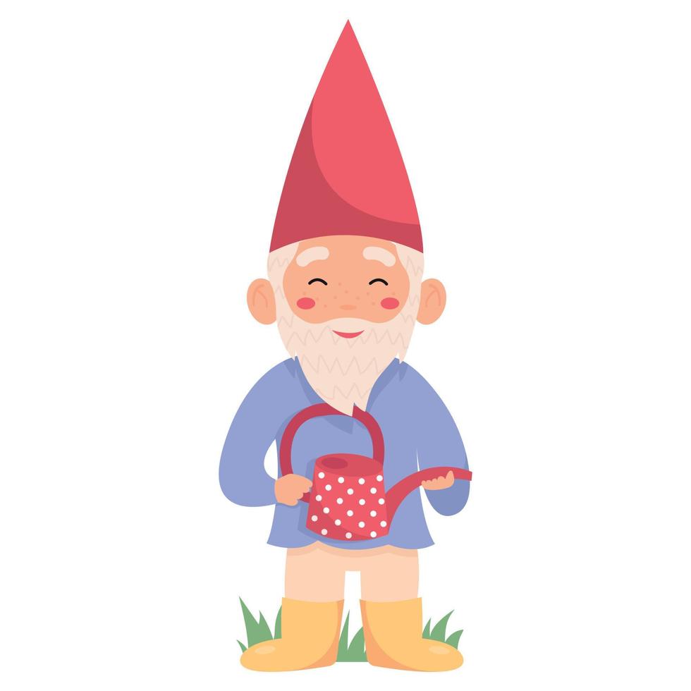 Cute garden gnome holding watering can. Fairy tale fantastic character on white background. vector