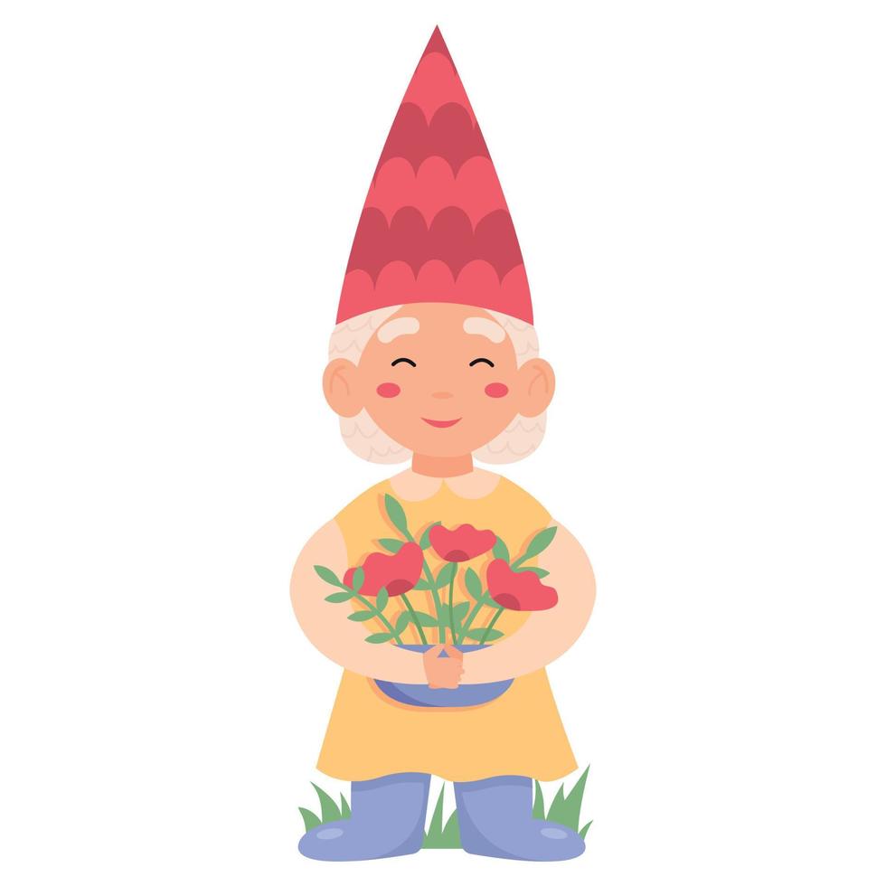 lindo gnomo de jardín o enano sosteniendo flores. personaje fantástico de cuento de hadas sobre fondo blanco. vector