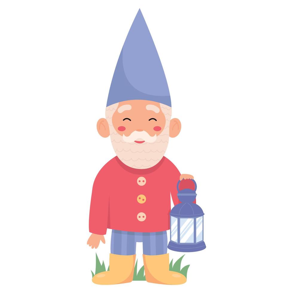 Cute garden gnome or dwarf holding lantern. Fairy tale fantastic character on white background. vector