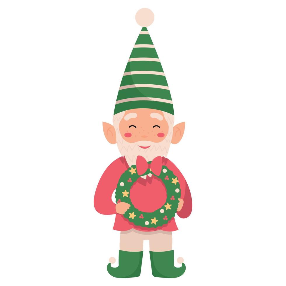 Funny Christmas gnome isolated on white background. Santa elf with a wreath. vector