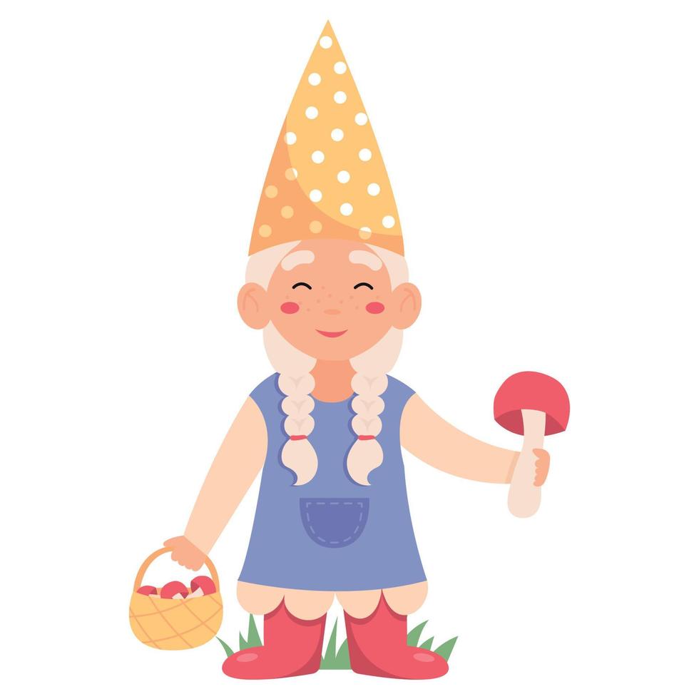 Cute garden gnome holding mushrooms. Fairy tale fantastic character on white background. vector