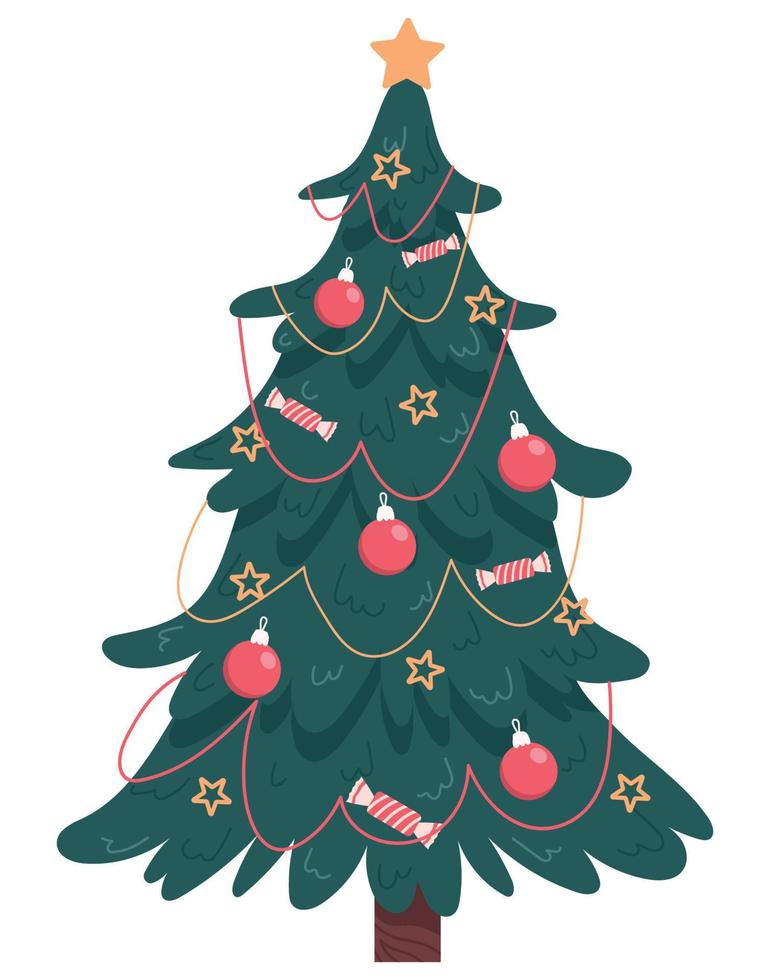 Decorated christmas tree isolated on white background. Hand drawn vector flat illustration