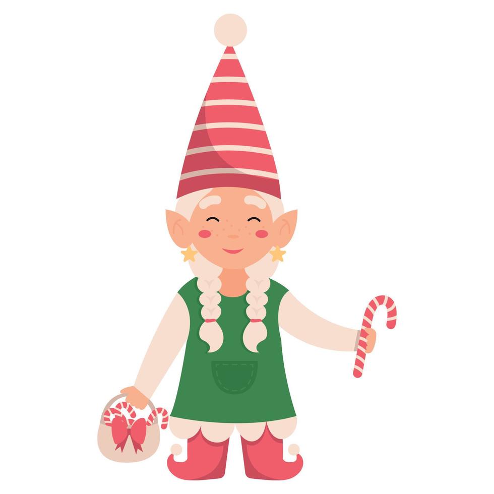 divertido gnomo de Navidad aislado sobre fondo blanco. duende de santa con piruletas. vector