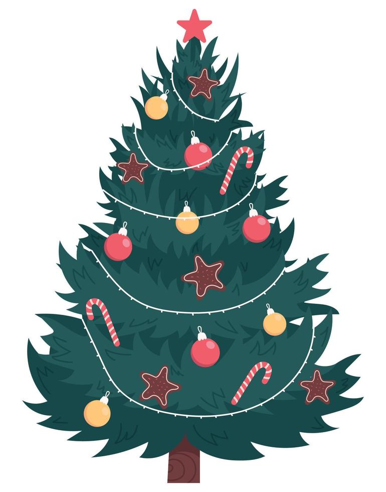 árbol de Navidad decorado aislado sobre fondo blanco. ilustración plana vectorial dibujada a mano vector