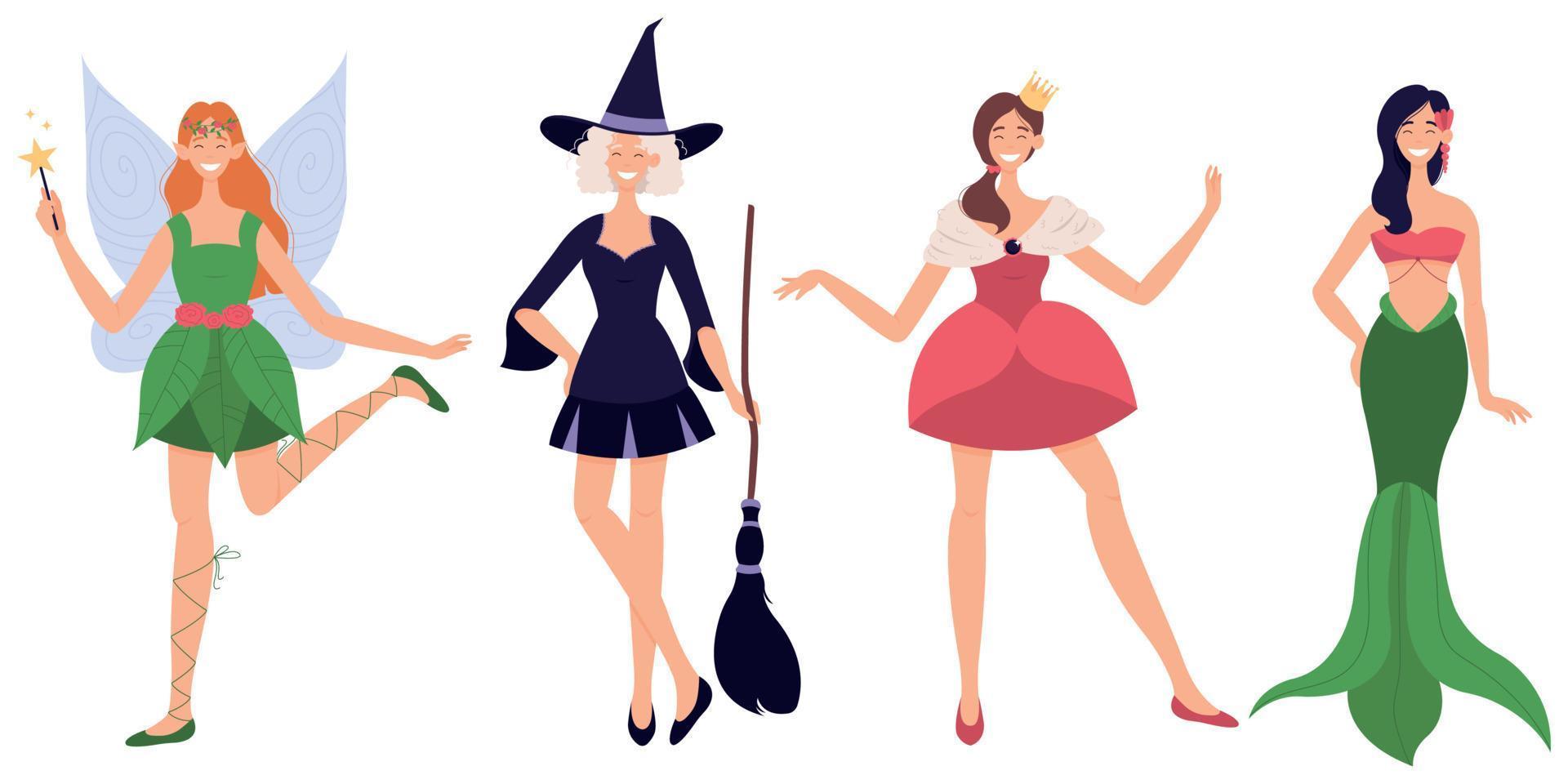 personajes de fiesta de halloween en disfraces conjunto ilustración vectorial. hada de dibujos animados, bruja, princesa y sirena de pie juntos aislados sobre fondo blanco. vector