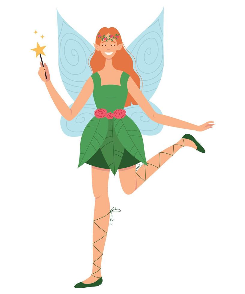 Cartoon fairy girl with magic wand and wings smiling. Halloween costume for girl. vector