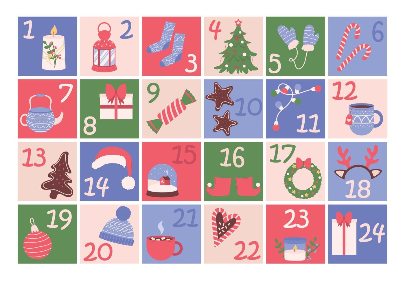 Christmas advent calendar. Cute winter illustration for card, poster, kid room decor, nursery art. vector