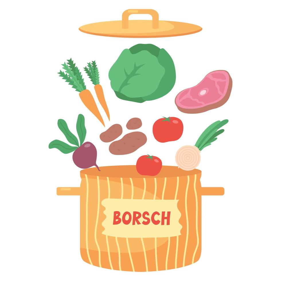 Ingredients for borsch. Meat, beets, potatoes, carrots, onions, cabbage, tomatoes. Traditional Ukrainian soup in a orange pot Isolated on a white background. vector