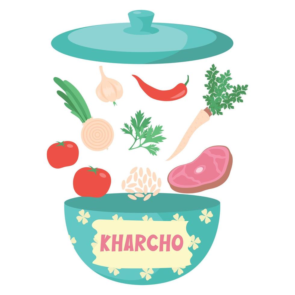 Ingredients for kharcho. Chili pepper, beef, tomatoes, onion, garlic, parsley root, rice and cilantro. Georgian soup in a blue pot Isolated on a white background. vector
