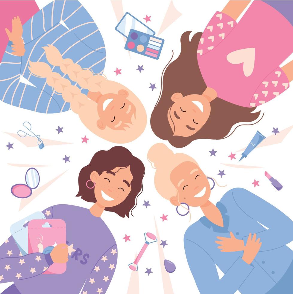 Teenage girls lying and laughing. Pajama party concept. The girls are having fun together. vector