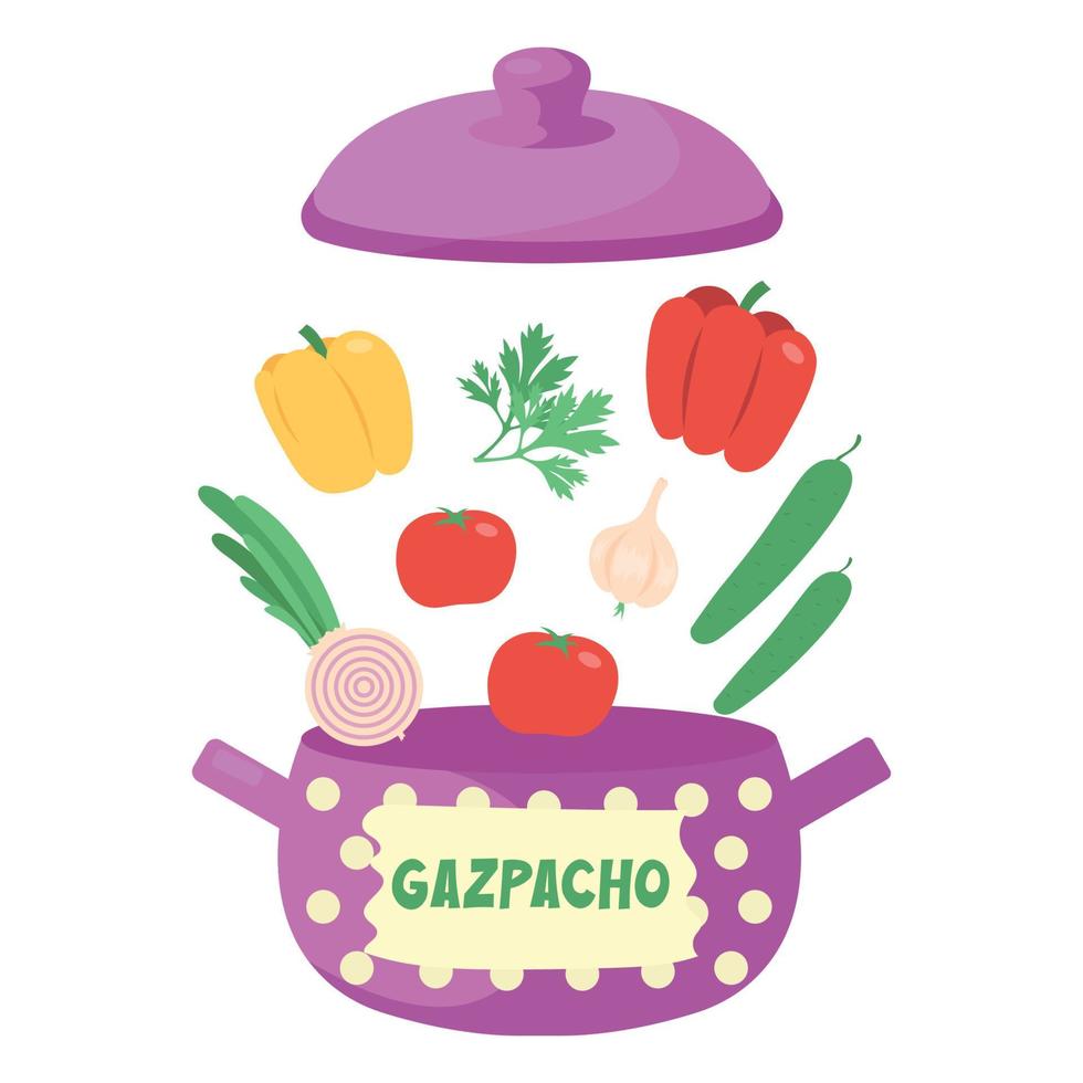 Ingredientes para gazpacho. pimientos, pepinos, tomates, cebolla, ajo y cilantro. sopa fría de tomate en una olla morada aislada en un fondo blanco. vector