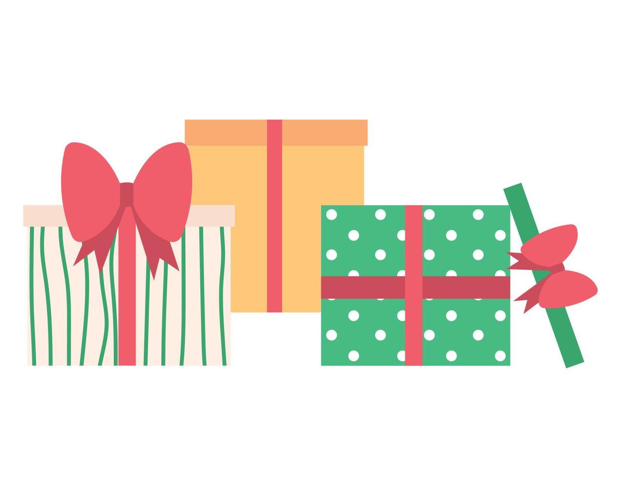 Gifts wrapped in patterned paper. One gift is open. Flat vector
