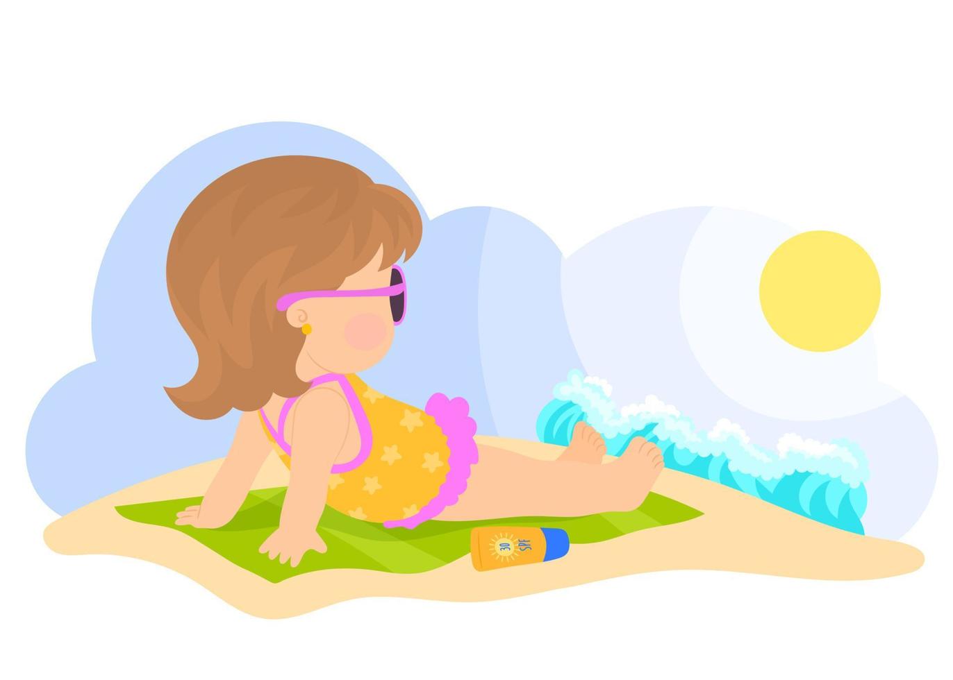 chica en traje de baño con protector solar, relajándose en la playa. vector