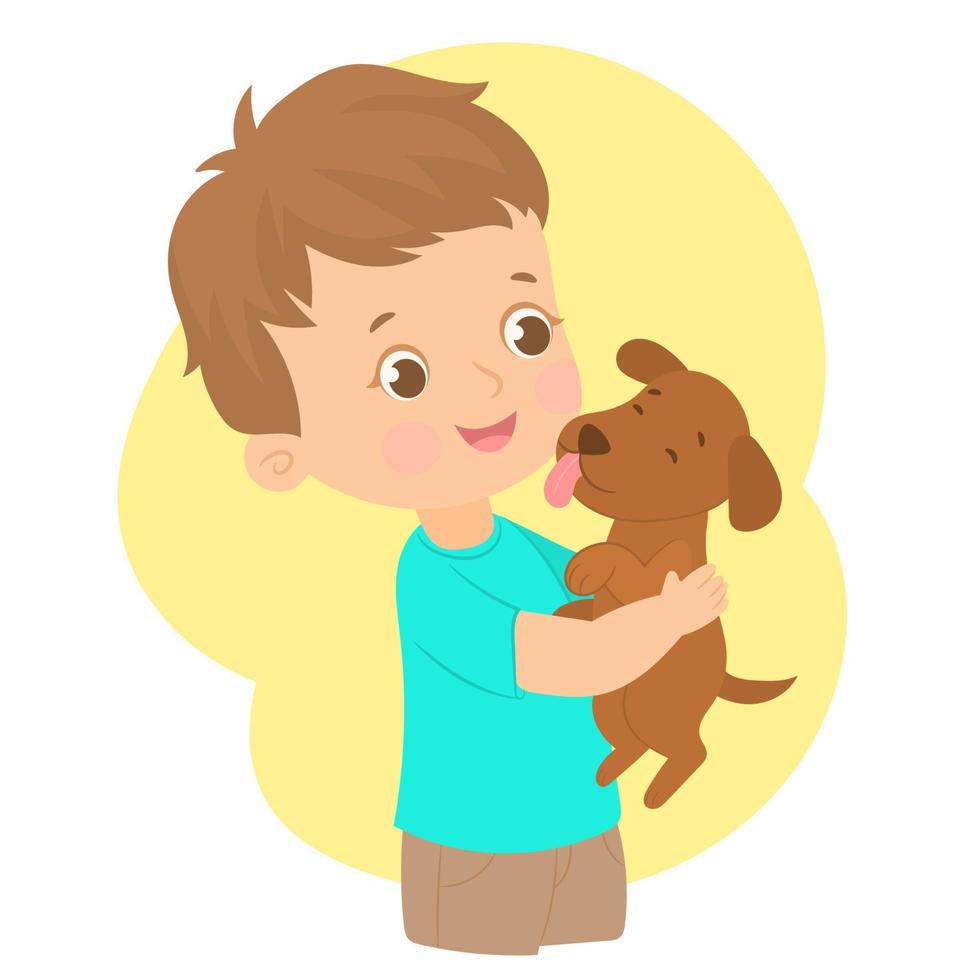 niño alegre con un perro nuevo en sus manos, niño sonriente feliz sosteniendo un perro pequeño. vector