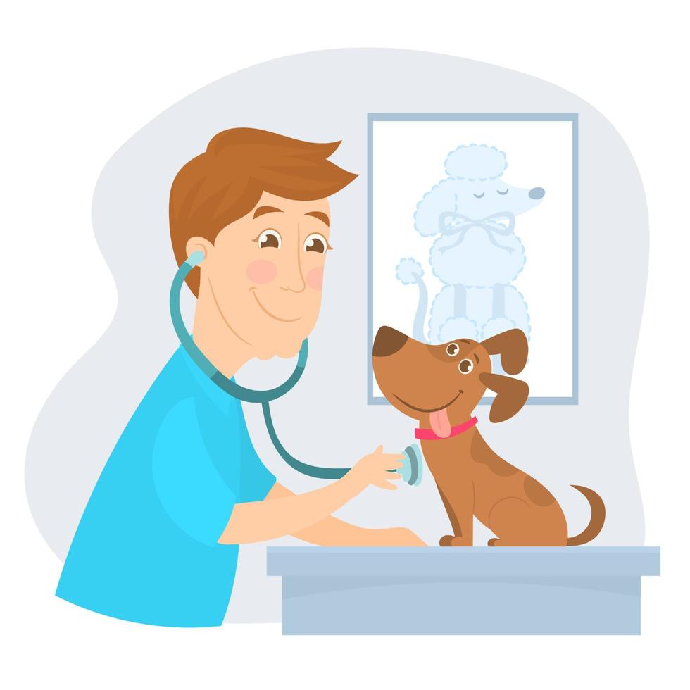 hombre veterinario que trabaja en la clínica con un lindo perro pequeño usando estetoscopio vector