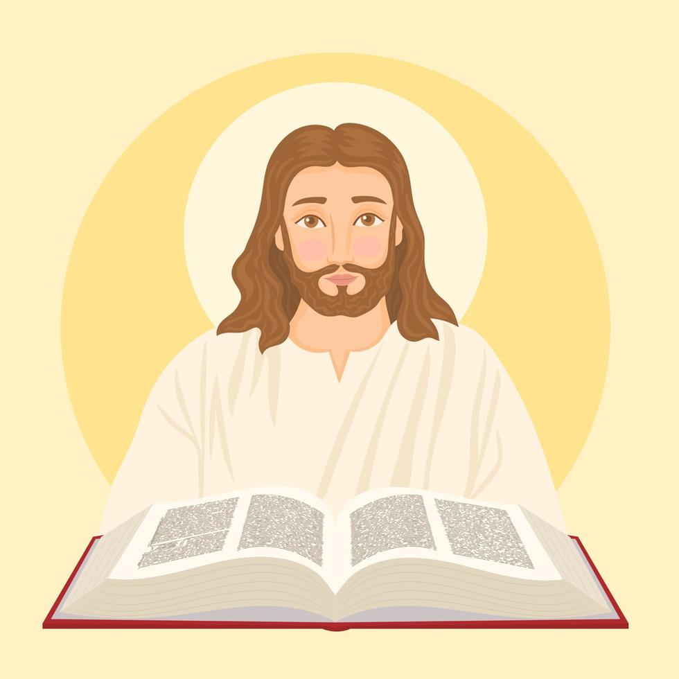 jesús con gran libro, la biblia y la historia de salvación. vector