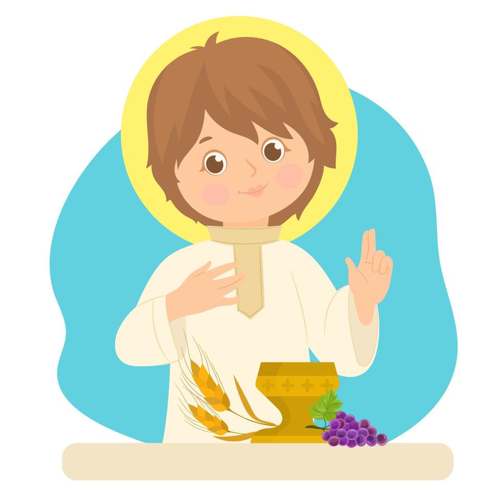 Jesus christ celebrating eucharist, cup, ears of wheat and grapes. vector