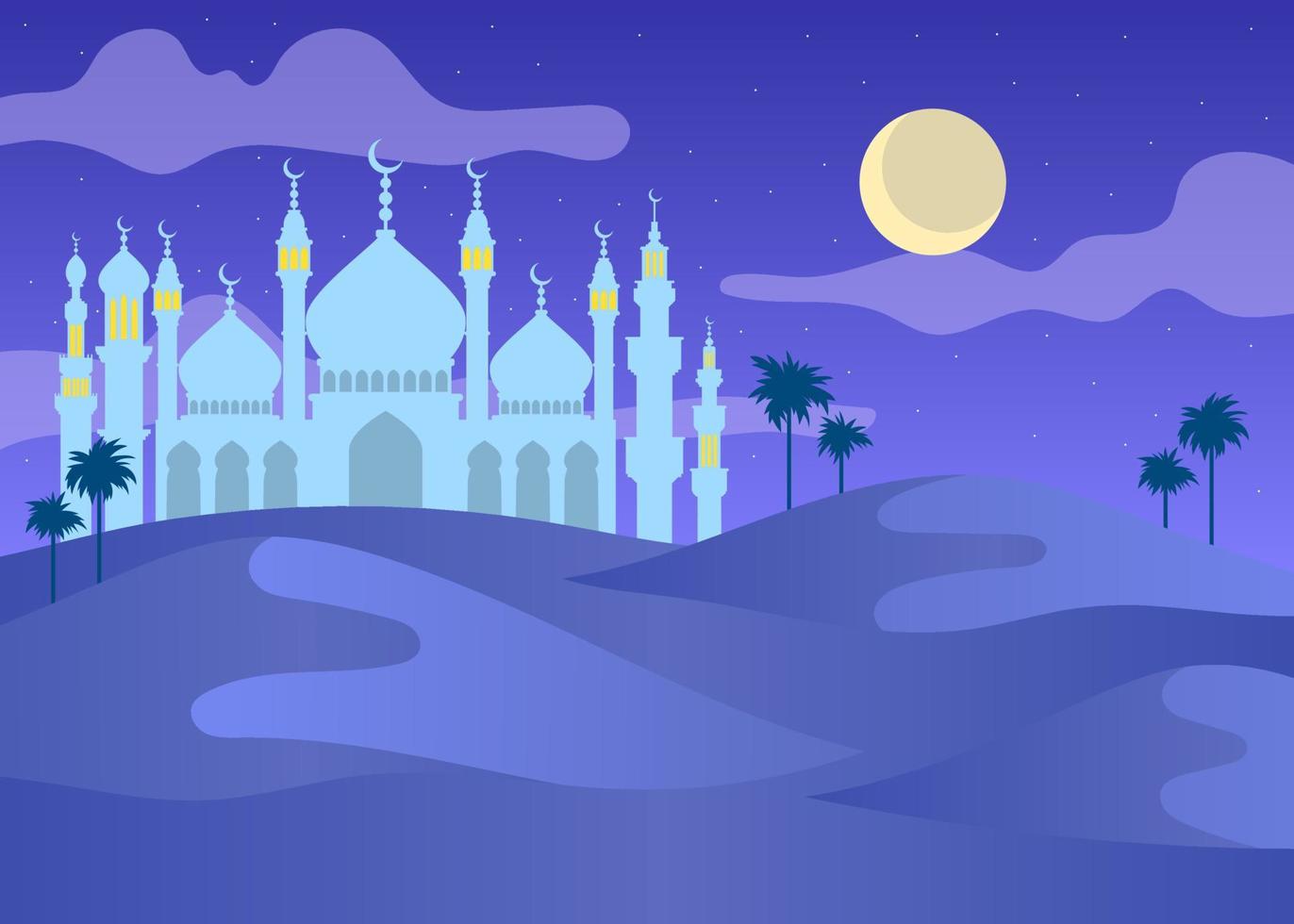 noche del desierto con fondo de mezquita y luna creciente, vista nocturna del paisaje del desierto de arabia. vector