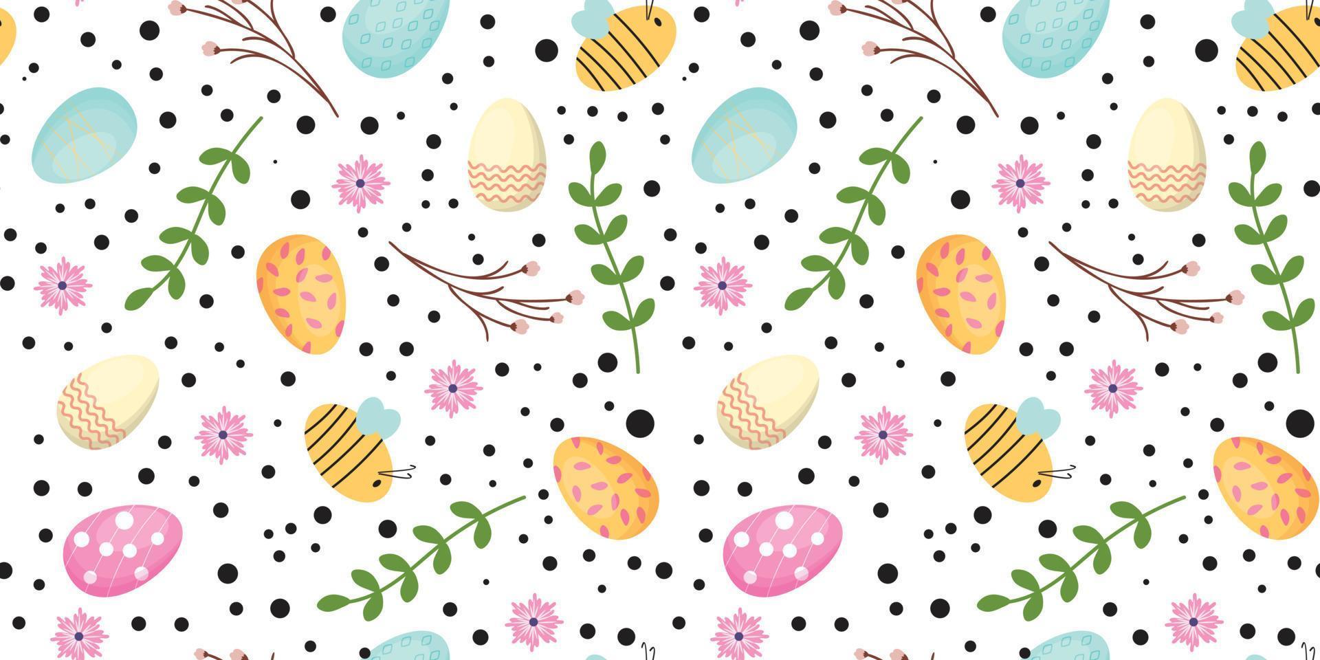Easter seamless pattern with bees and easter eggs, flowers, dots and leaves. Cute seamless pattern for children textile, wrapping paper, wallpaper, packaging. Vector pattern.