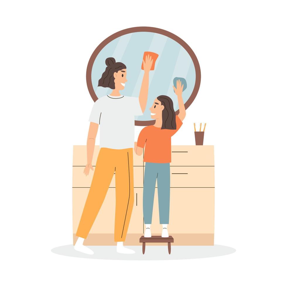 Mother and daughter doing housework together vector