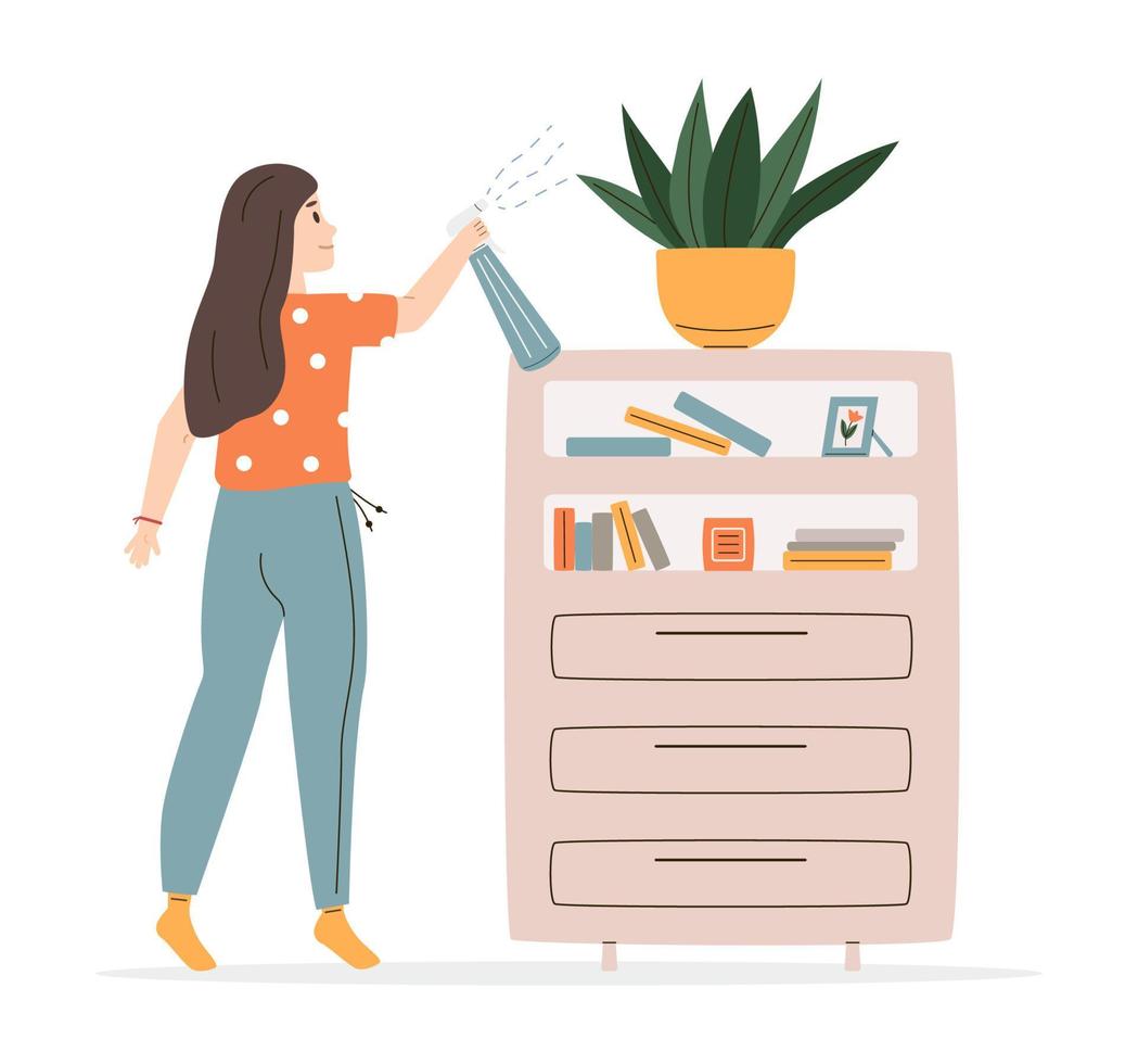 Young woman spraying houseplant vector