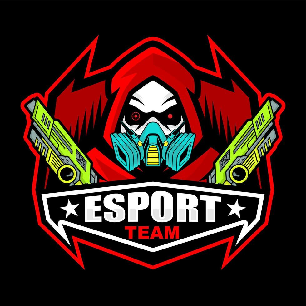 segador rojo oscuro con diseño de logotipo de mascota de cara de calavera para esport. logotipo de juego logotipo del clan. vector