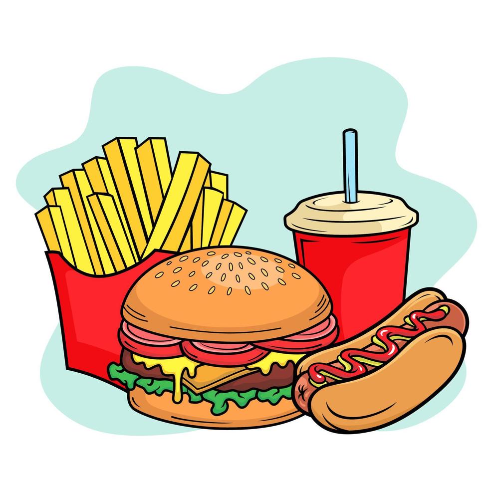 la ilustración vectorial de la comida rápida incluye hamburguesas, perritos calientes, patatas fritas y bebida aislada en un fondo liso vector