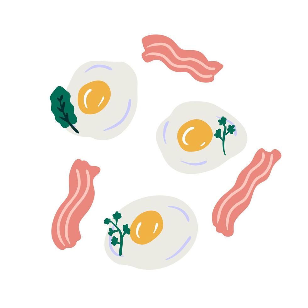 Fried eggs with bacon and greenery vector doodle pattern.