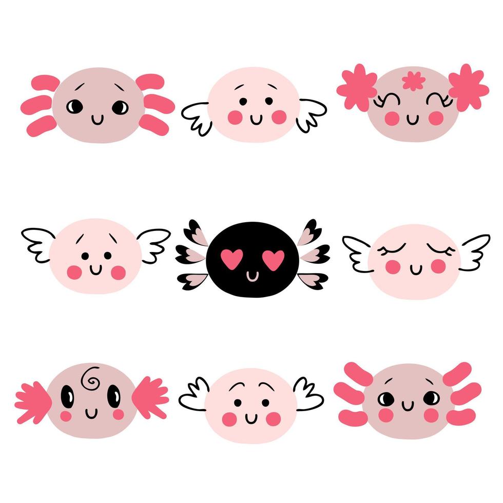 colección de garabatos de caras de ajolotes con diferentes emociones. vector