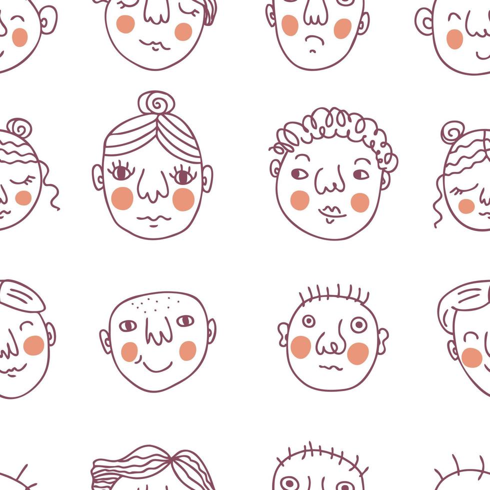 Doodle seamless pattern with peoples faces. vector