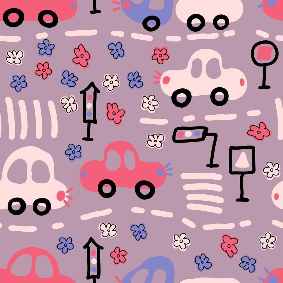 Romantic seamless pattern with cars and flowers. Perfect for T-shirt, textile and prints. Hand drawn vector illustration for decor and design.