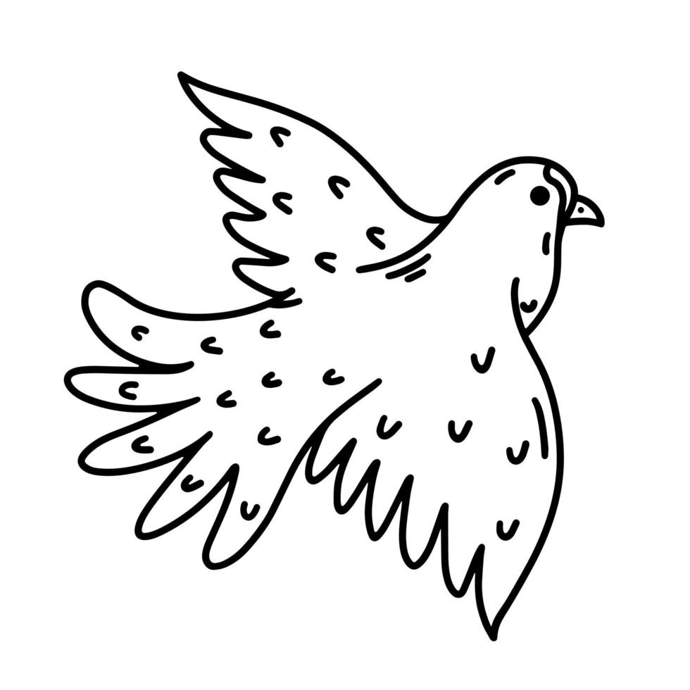 icono de vector de paloma voladora. ilustración dibujada a mano aislada sobre fondo blanco. pájaro de la paz, boceto animal. símbolo de esperanza, amor, amistad. signo religioso. contorno monocromático, garabato