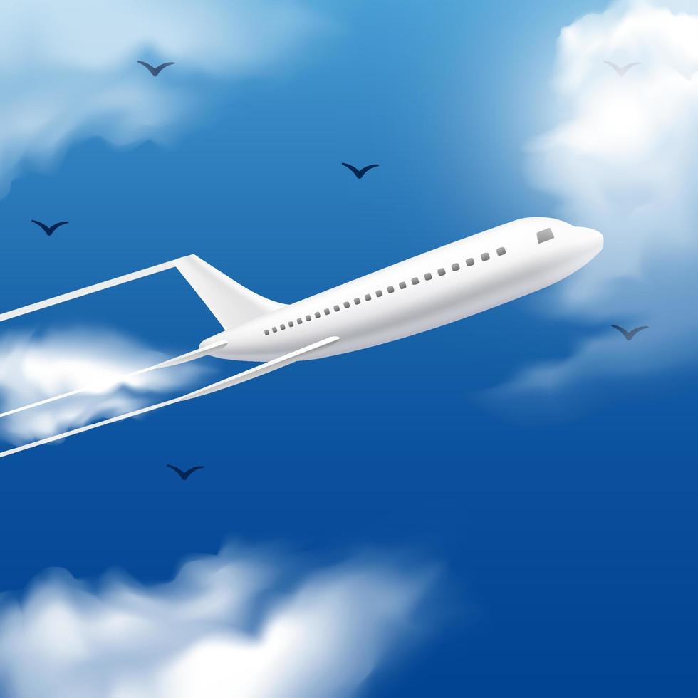 avión volador realista en vector de cielo azul. avión realista en el cielo azul con fondo de nubes