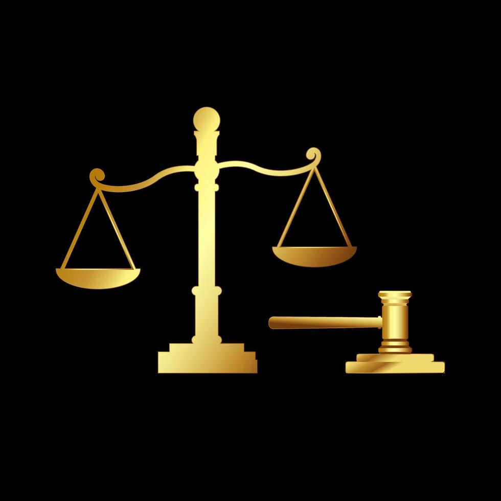 Golden legal scale and hammer illustration. Gold hammer and legal scale vector illustration.