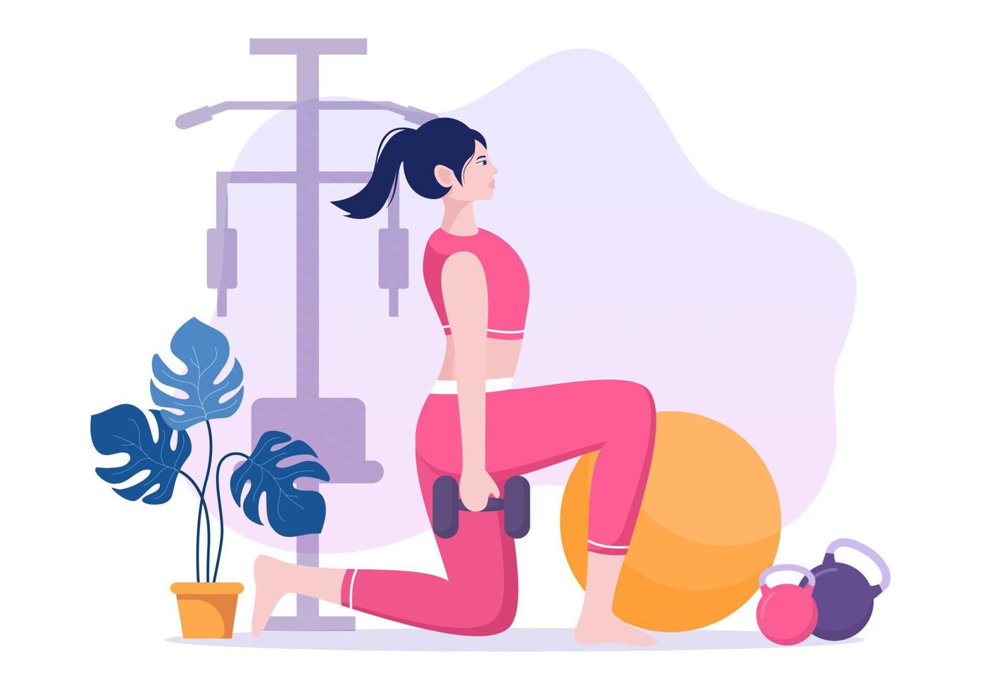 gente del gimnasio haciendo ejercicio levantando pesas y pesas, trotando en cinta rodante, deporte, bienestar o fitness en una ilustración de fondo de afiche plano vector