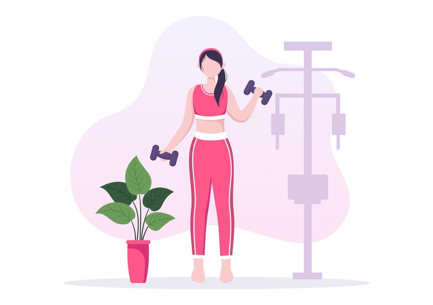 gente del gimnasio haciendo ejercicio levantando pesas y pesas, trotando en cinta rodante, deporte, bienestar o fitness en una ilustración de fondo de afiche plano vector