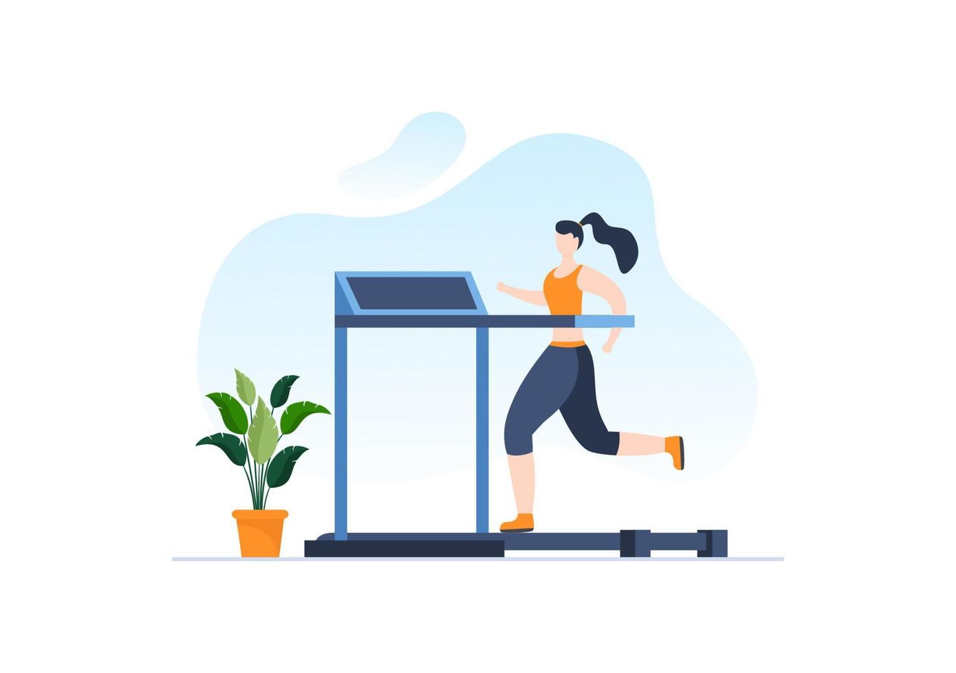 Workout Gym People Exercising Lifting Dumbbells and Weight, Jogging on Treadmill, Sport, Wellness or Fitness in Flat Poster Background illustration vector
