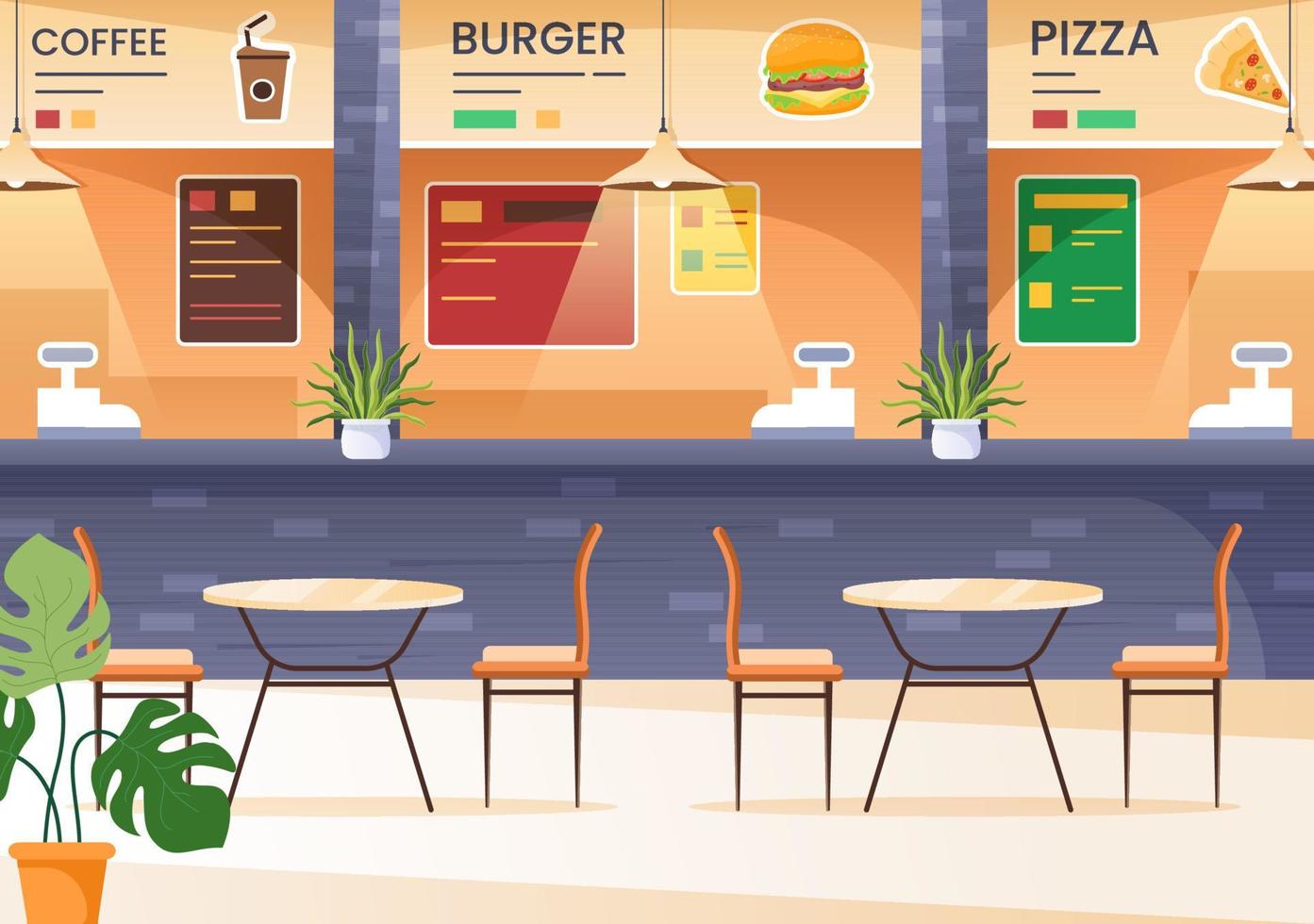 comer en el patio de comidas en medio de un centro comercial que sirve comida rápida como pizza, hamburguesas o tacos en forma de ilustración vectorial plana de dibujos animados vector