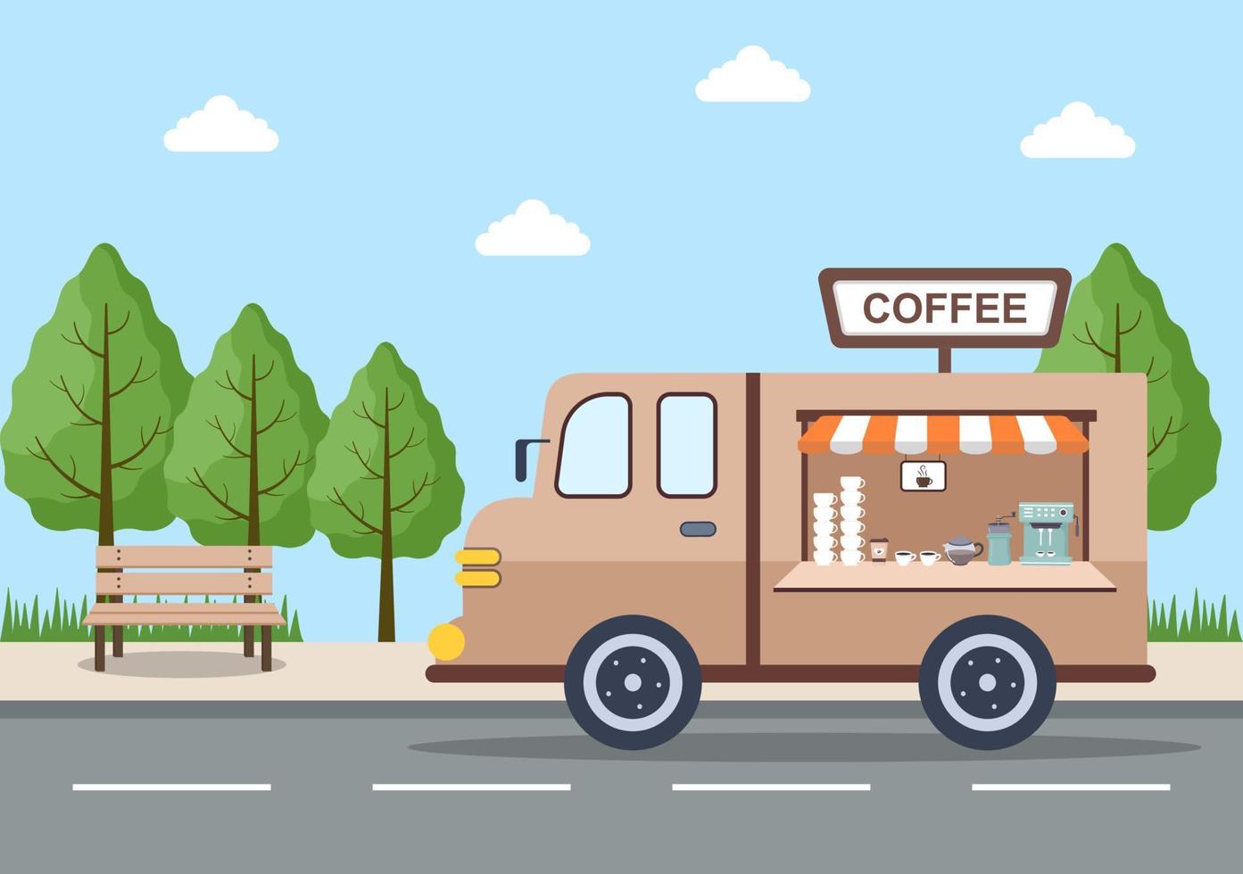 camión de comida y calle al aire libre que sirve comida rápida como pizza, hamburguesa, perrito caliente o tacos en una ilustración plana de carteles de dibujos animados vector