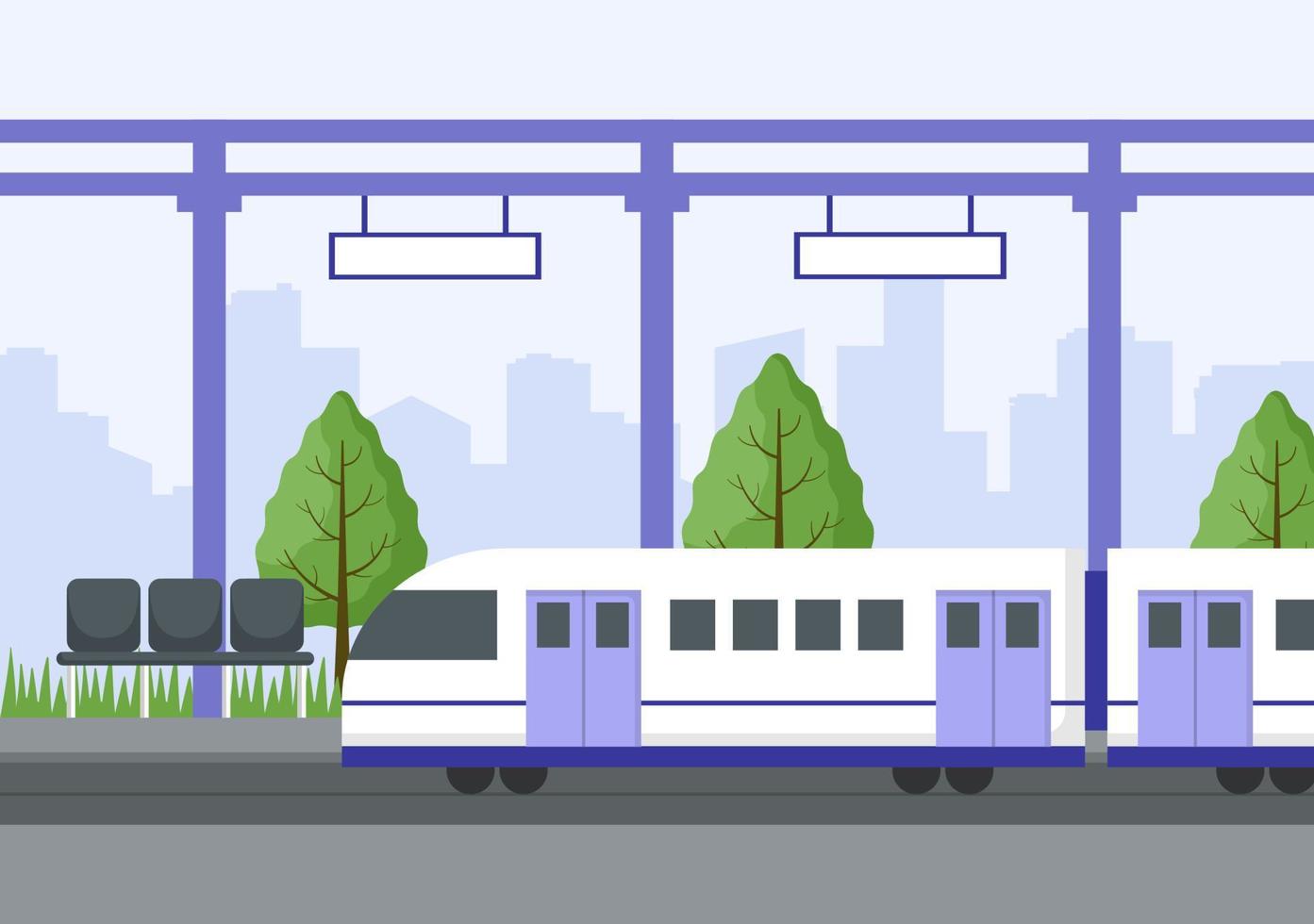 estación de tren con paisaje de transporte de tren, plataforma para la salida y metro interior subterráneo en ilustración de cartel de fondo plano vector