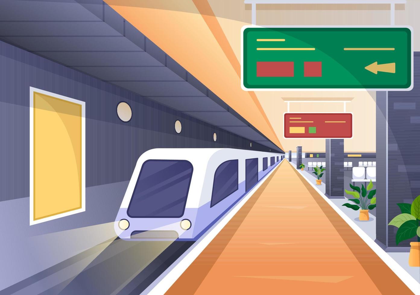 estación de tren con paisaje de transporte de tren, plataforma para la salida y metro interior subterráneo en ilustración de cartel de fondo plano vector