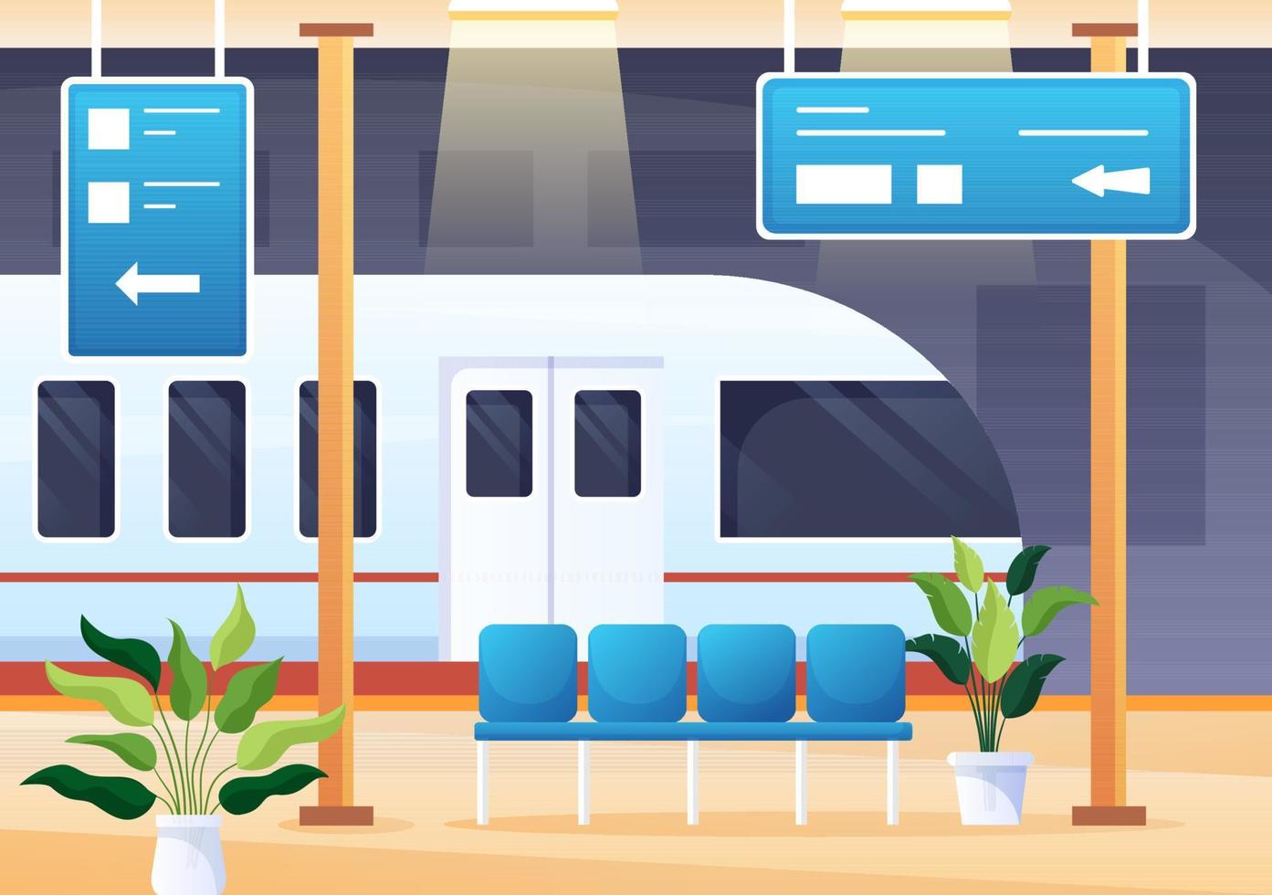 Railway Station with Train Transport Scenery, Platform for Departure and Underground Interior Subway in Flat Background Poster Illustration vector