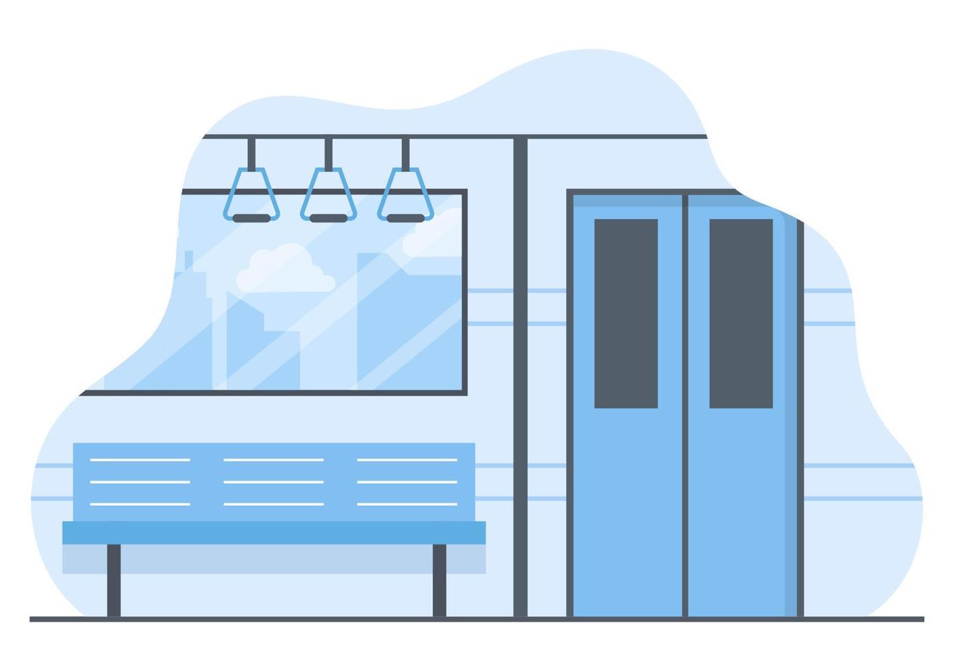 Railway Station with Train Transport Scenery, Platform for Departure and Underground Interior Subway in Flat Background Poster Illustration vector
