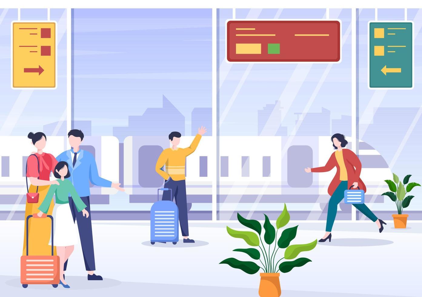 Railway Station with People, Train Transport Scenery, Platform for Departure and Underground Interior Subway in Flat Background Poster Illustration vector