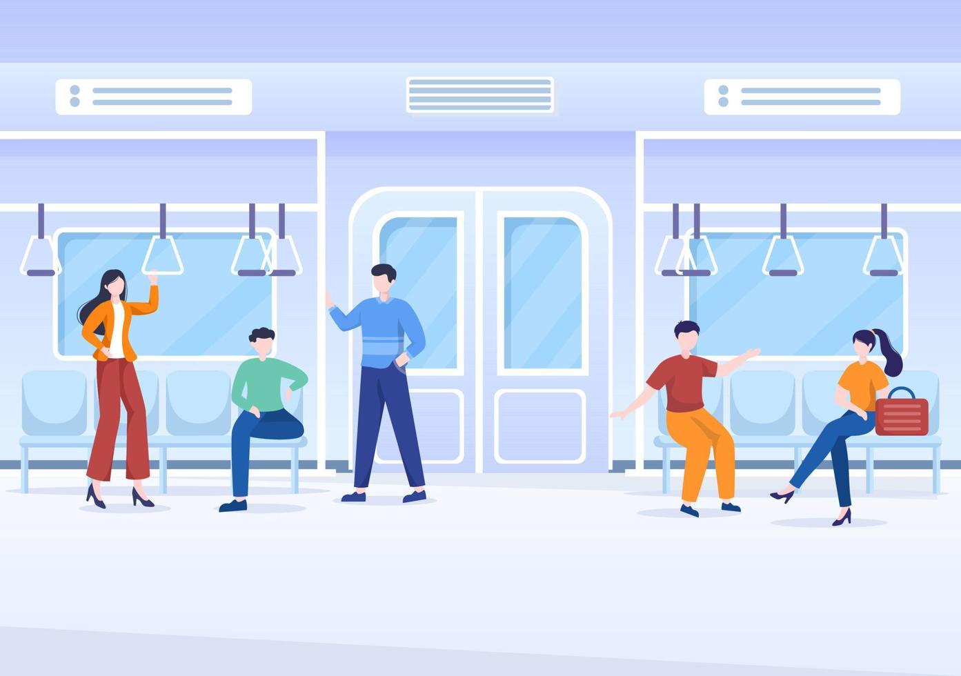 Railway Station with People, Train Transport Scenery, Platform for Departure and Underground Interior Subway in Flat Background Poster Illustration vector