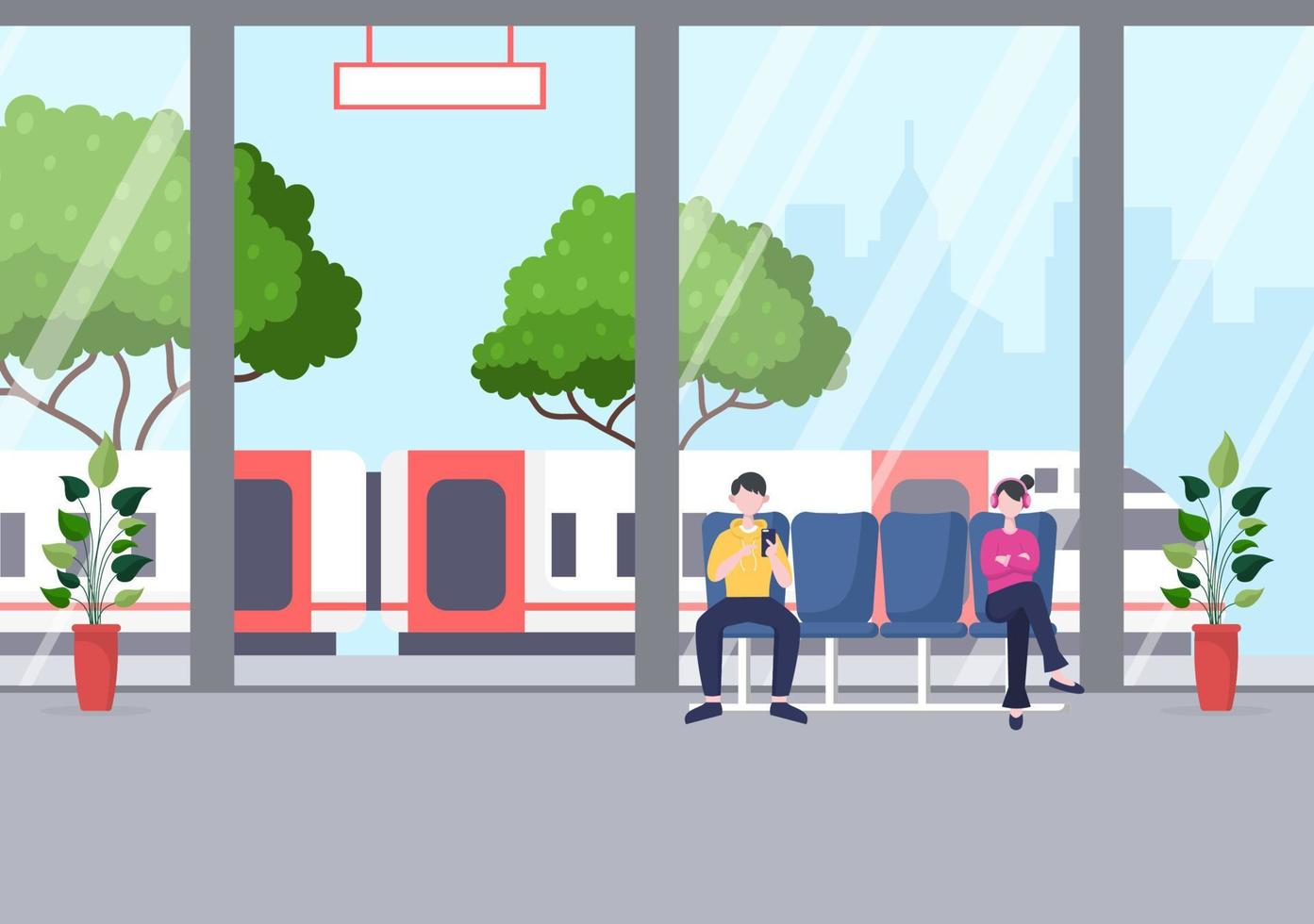 estación de tren con gente, paisaje de transporte de tren, plataforma para la salida y metro interior subterráneo en ilustración de cartel de fondo plano vector